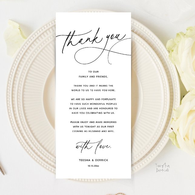 Modern Romantic Wedding Dinner Thank You Card (Modern Romantic Wedding Reception Dinner Thank You Card in black and white)