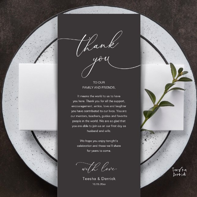 Modern Romantic Wedding Reception Thank You Card (Modern Romantic Wedding Reception Thank You Card, plate decoration, in Classy Charcoal Dark Grey)