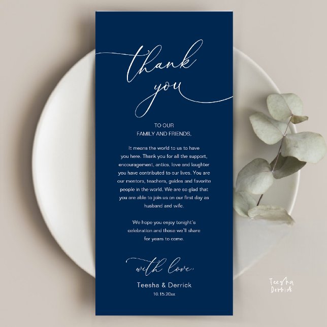 Modern Romantic Wedding Reception Thank You Card (Modern Romantic Wedding Reception Thank You Card, plate decoration, in Classy Navy Blue)