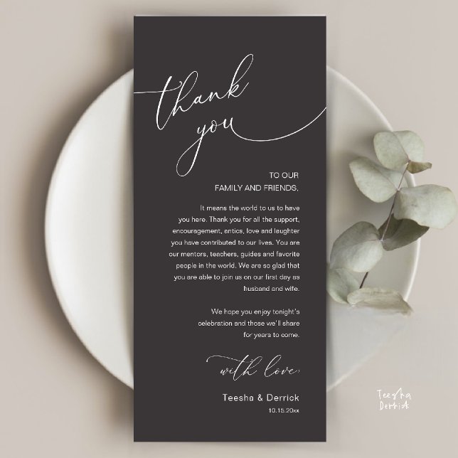 Modern Romantic Wedding Reception Thank You Card (Modern Romantic Wedding Reception Thank You Card, plate decoration, in Classy Charcoal Dark Grey)