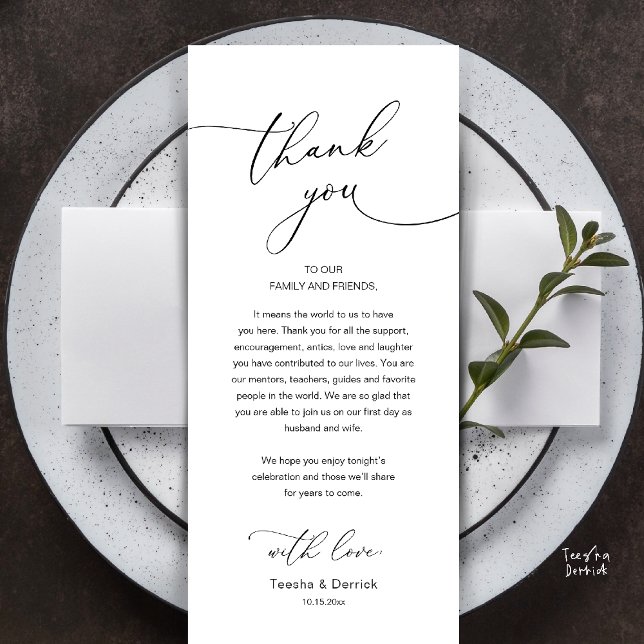 Modern Romantic Wedding Reception Thank You Card (Modern Romantic Wedding Reception Thank You Card, plate decoration, in Black and White)