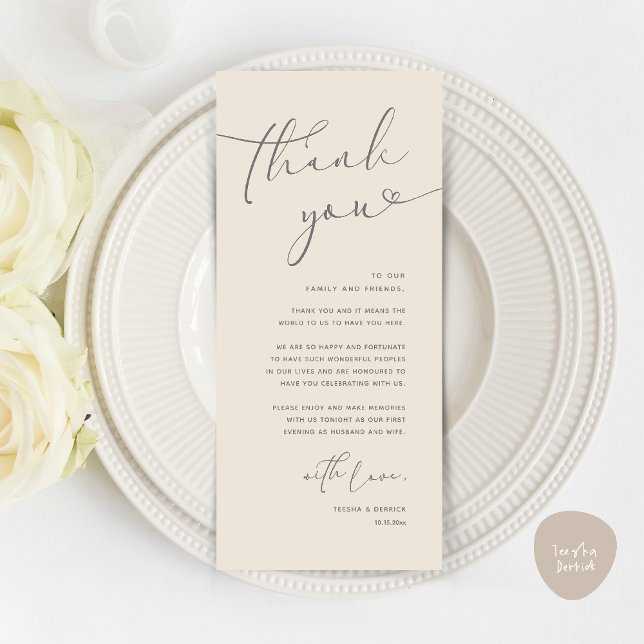 Modern Romantic Wedding Reception Thank You Card (Modern Romantic Wedding Reception Dinner Thank You Card in Cream Grey)