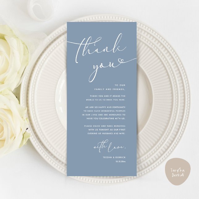 Modern Romantic Wedding Reception Thank You Card (Modern Romantic Wedding Reception Dinner Thank You Card in Dusty Blue)