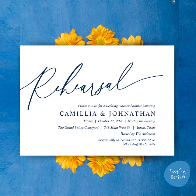 Modern Romantic Wedding Rehearsal Dinner Invitation (Modern Romantic Wedding Rehearsal Dinner Dancing Invitation Card PDF Navy Blue)