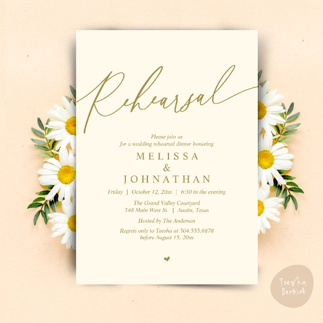 Modern Romantic Wedding Rehearsal Dinner Invitation (Modern Romantic Wedding Rehearsal Dinner Dancing Invitation Card PDF Aesthetic Yellow Gold)
