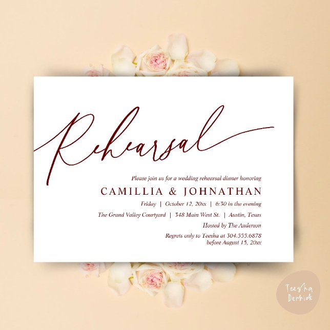 Modern Romantic Wedding Rehearsal Dinner Invitation (Modern Romantic Wedding Rehearsal Dinner Dancing Invitation Card PDF Aesthetic Burgundy wine red)