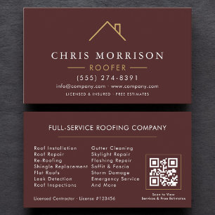 Modern Roofer Burgundy Gold QR Code Business Card