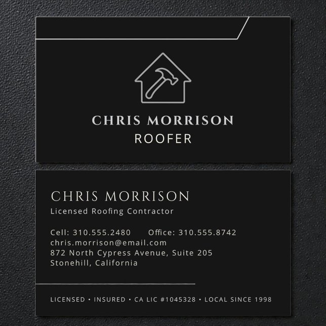 Modern Roofing Roofer Company Black Business Card (Creator Uploaded)