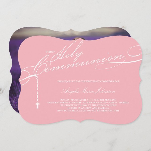 Modern Rosary First Holy Communion Photo Religious Invitation (Front/Back)