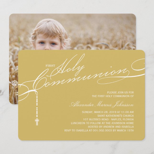 Modern Rosary First Holy Communion Photo Religious Invitation (Front/Back)