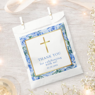 Modern Rose Dusty Blue Watercolor Baptism Boy  Favour Bag