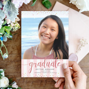 Modern rose glitter script girly photo graduation announcement