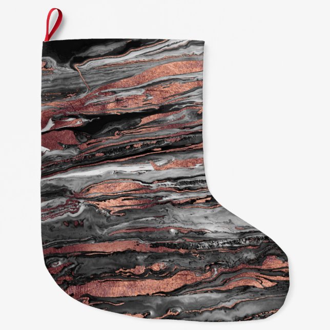 Modern rose gold abstract marbleised paint large christmas stocking (Front)