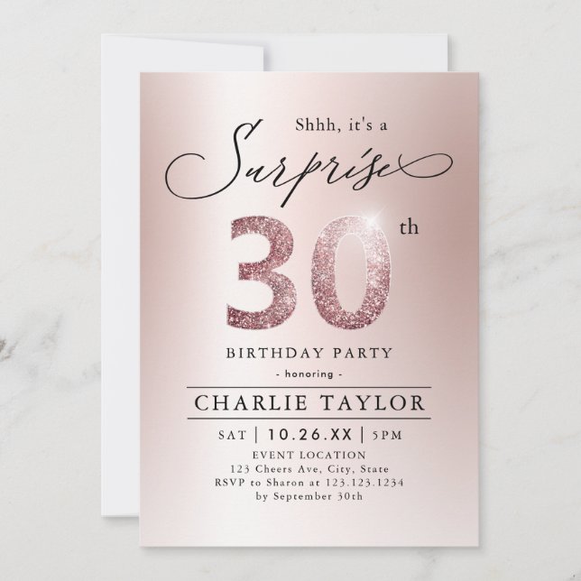 Modern rose gold adult surprise 30th birthday invitation (Front)