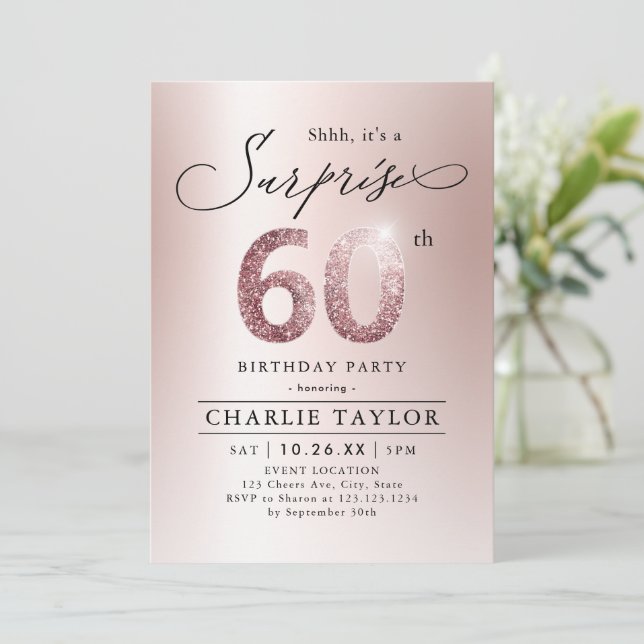 Modern rose gold adult surprise 60th birthday invitation (Standing Front)