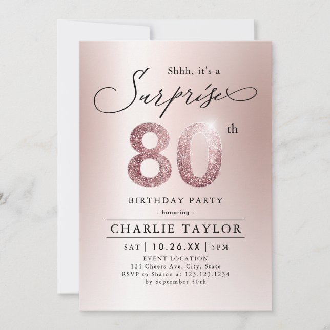 Modern rose gold adult surprise 80th birthday invitation (Front)