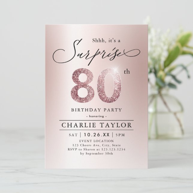 Modern rose gold adult surprise 80th birthday invitation (Standing Front)
