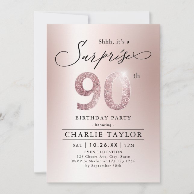 Modern rose gold adult surprise 90th birthday invitation (Front)