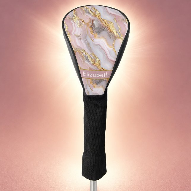 Modern Rose Gold Agate Patterned Personalised Golf Head Cover (Modern rose gold agate patterned and personalized golf club cover for women.)