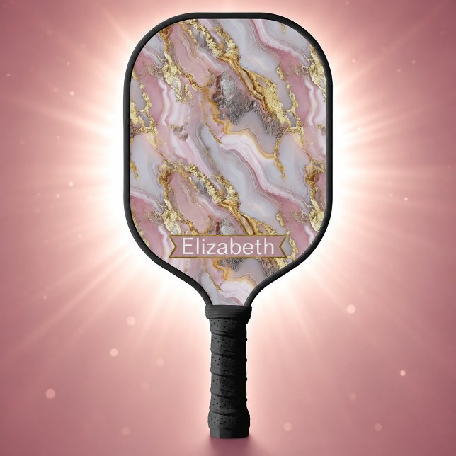 Modern Rose Gold Agate Patterned Personalised Pickleball Paddle (Modern Rose Gold Agate Patterned and Personalized Pickleball Paddle For Women.)