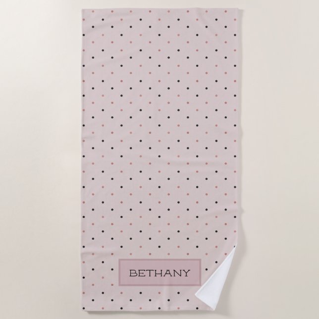 Modern Rose Gold and Black Dots Personalised Beach Towel (Front)