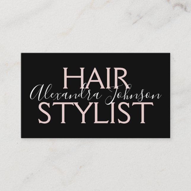 Modern Rose Gold and Black Hair Stylist Business Card (Front)
