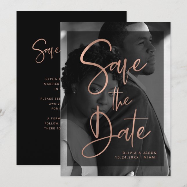 Modern Rose Gold and Black Overlay | Photo Save The Date (Front/Back)