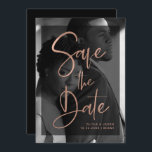 Modern Rose Gold and Black Overlay | Photo Save The Date<br><div class="desc">These modern,  elegant wedding save the date cards feature your own personal photo covering the background completely. A sheer black overlay contains faux rose gold trendy script typography,  and there is more room for your information on the back of the card. A glam,  stylish look your guests will love!</div>