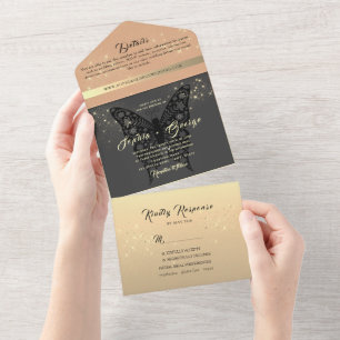 Modern Rose Gold and Black Wedding All In One Invitation