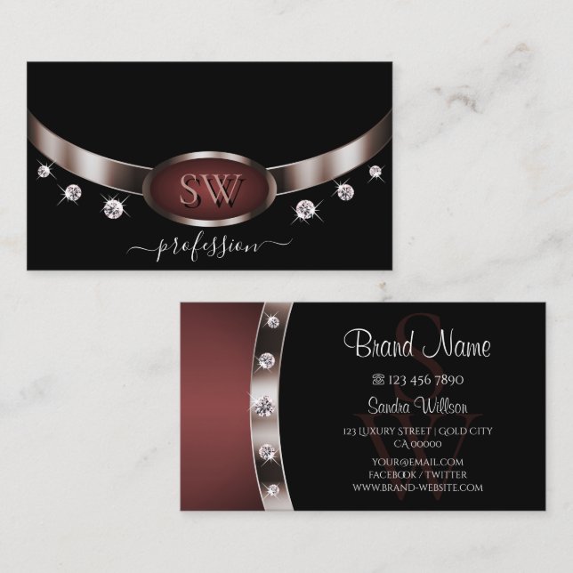 Modern Rose Gold and Black with Monogram Diamonds Business Card (Front/Back)