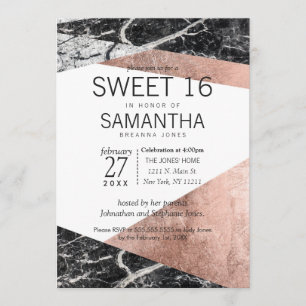 Modern Rose Gold and Marble Sweet 16 Invitations