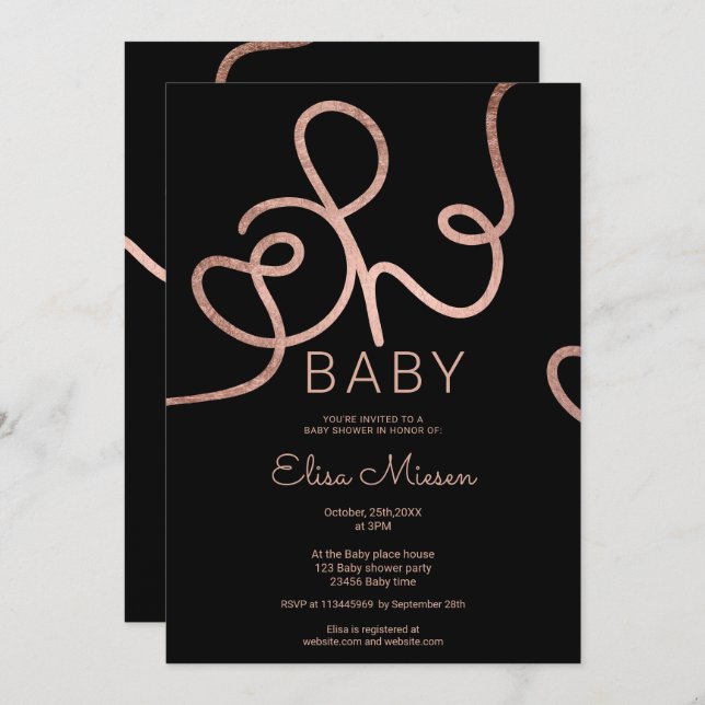 Modern rose gold black calligraphy Oh baby shower Invitation (Front/Back)