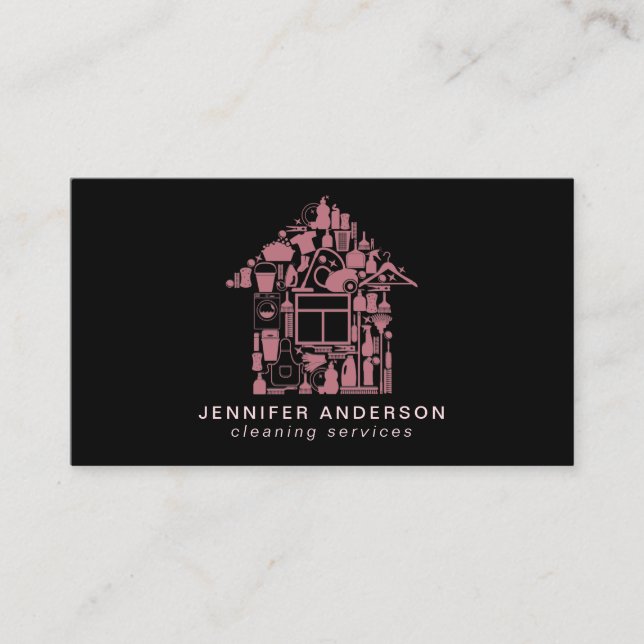 Modern Rose Gold & Black Cleaning Services Business Card (Front)