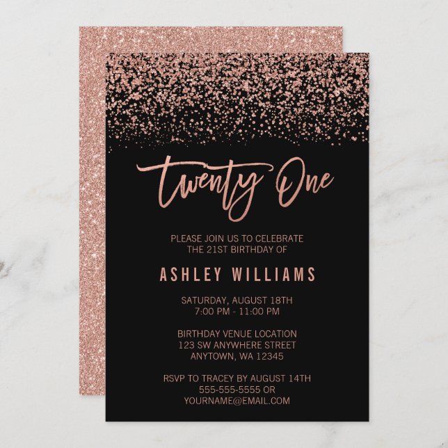 Modern Rose Gold Black Faux Glitter 21st Birthday Invitation (Front/Back)
