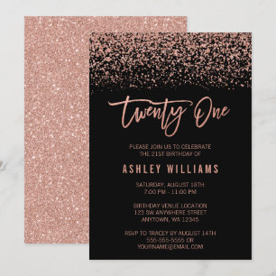 Modern Rose Gold Black Faux Glitter 21st Birthday Invitation