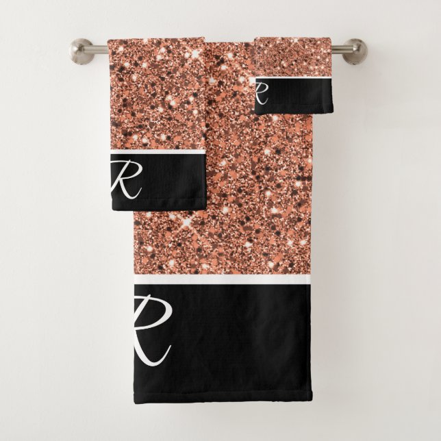 Modern Rose Gold Black Glitter Monogram Initial Bath Towel Set (Insitu)
