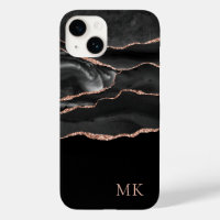 Modern Rose Gold & Black Marble Agate Monogram