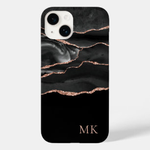 Modern Rose Gold & Black Marble Agate Monogram Case-Mate iPhone 14 Case