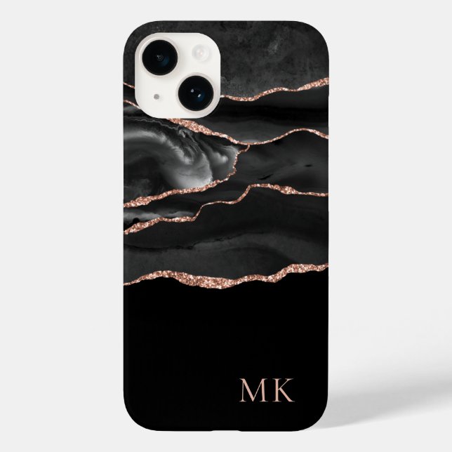 Modern Rose Gold & Black Marble Agate Monogram Case-Mate iPhone Case (Back)