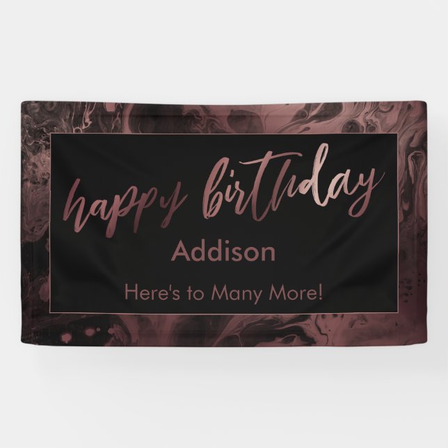Modern Rose Gold & Black Marbled Happy Birthday Banner (Horizontal)