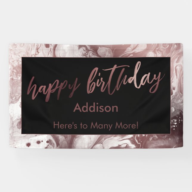 Modern Rose Gold & Black Marbled Happy Birthday Banner (Horizontal)