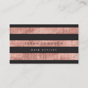 Modern Rose Gold Black Stripes Hair Stylist Business Card