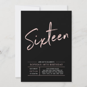 Modern Rose Gold & Black Sweet 16th Birthday Party Invitation