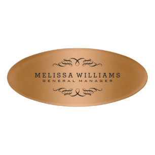 Modern Rose-Gold & Black Swirls Frame Name Tag