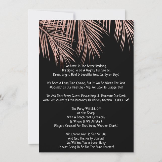 Modern rose gold black tropical palm tree wedding2 invitation (Front)