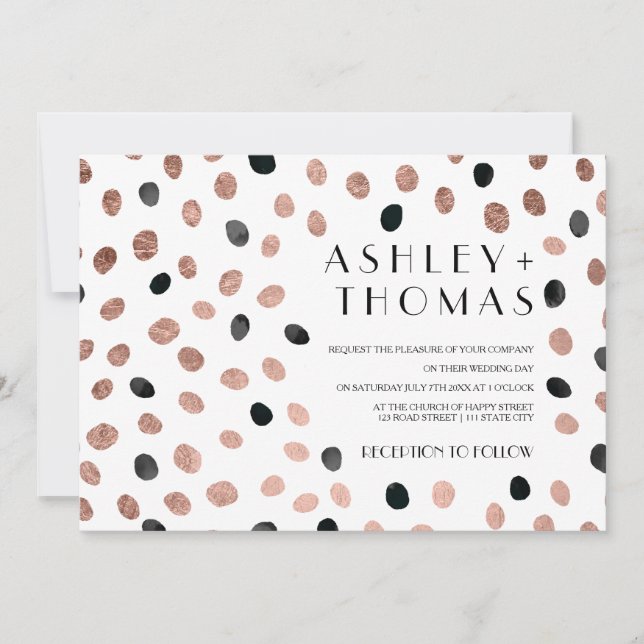 Modern rose gold black watercolor dots wedding invitation (Front)