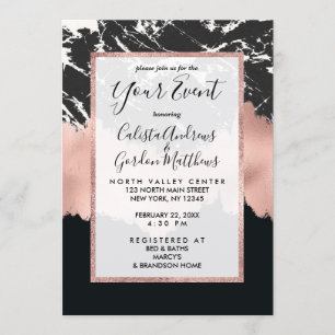 Modern Rose Gold Black White Marble Brushstrokes Invitation