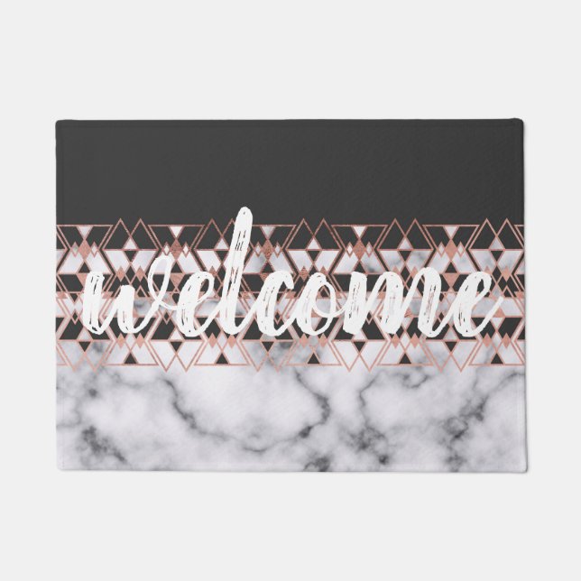 Modern Rose Gold Black White Marble Geometric Doormat (Front)