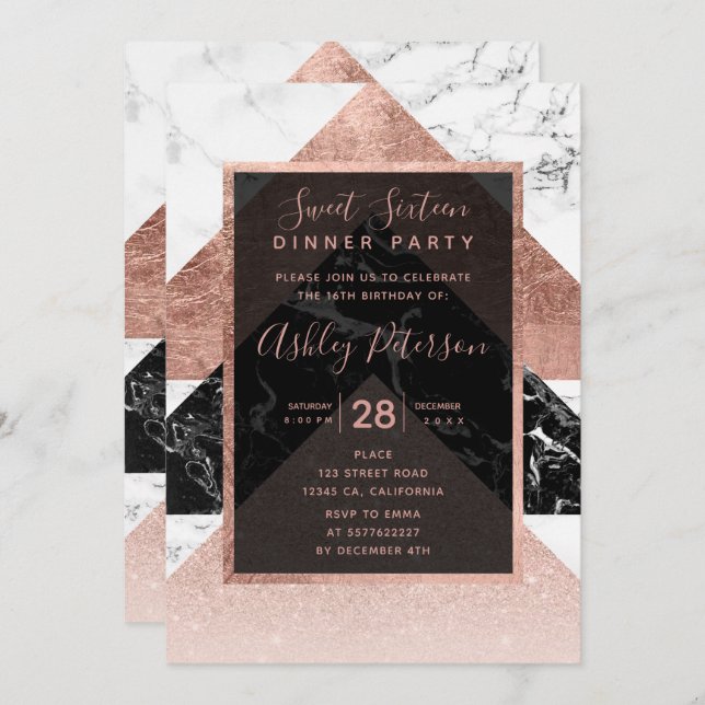 Modern rose gold black white marble Sweet 16 Invitation (Front/Back)