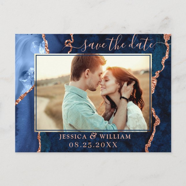 Modern Rose Gold Blue Agate PHOTO Save the Date Announcement Postcard (Front)